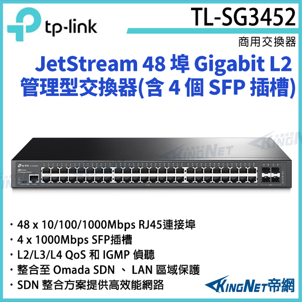 [帝網KingNetTP-LINK JetStream 48 埠 Gigabit L2 管理型交換器(含 4 個 SFP 插槽) TL-SG3452