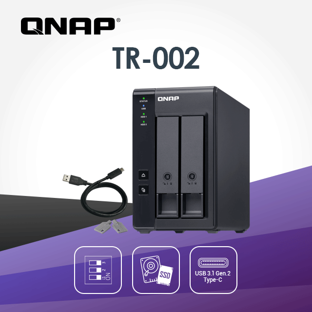 [搭WD金標 8TB*2QNAP TR-002 2-Bay USB 3.1 RAID 磁碟陣列外接盒