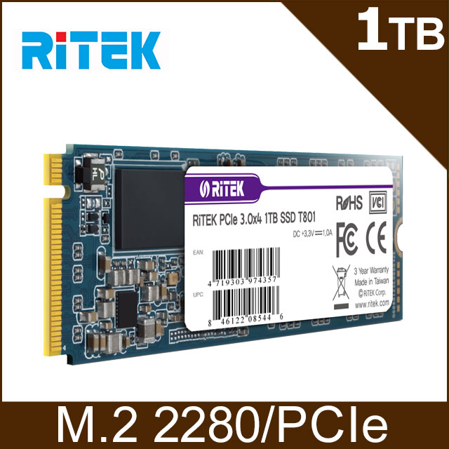 RITEK錸德 T801 1TB M2 2280/PCI-E SSD固態硬碟