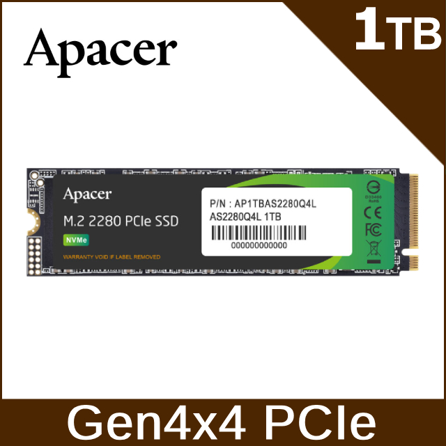 Apacer宇瞻 AS2280Q4L 1TB M.2 PCIe Gen4x4 SSD