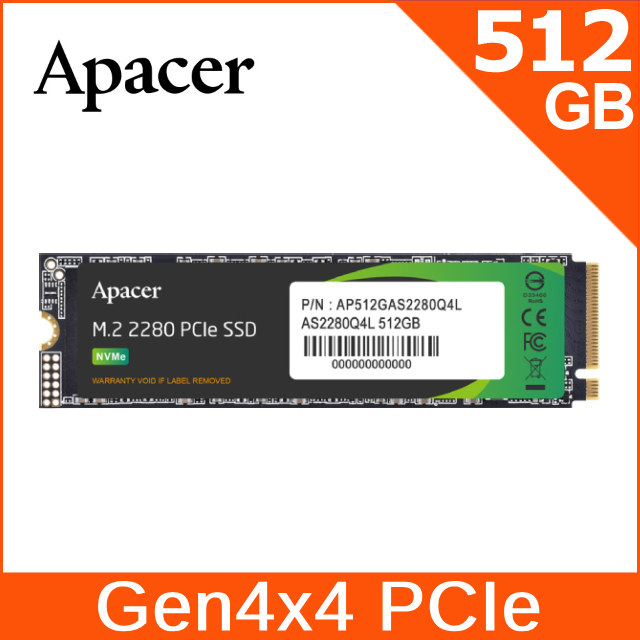 Apacer宇瞻 AS2280Q4L 512GB M.2 PCIe Gen4x4 SSD