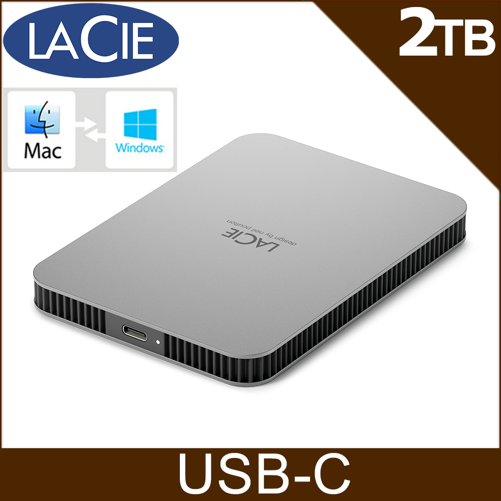 LaCie Mobile Drive USB-C 2TB 外接硬碟-月光銀(STLP2000400)