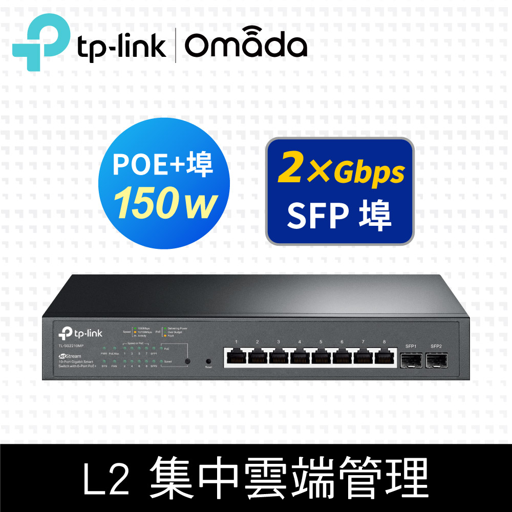TP-Link TL-SG2210MP 10埠 Gigabit 桌上型 SFP光纖埠 智慧管理型 PoE switch交換器(150W)