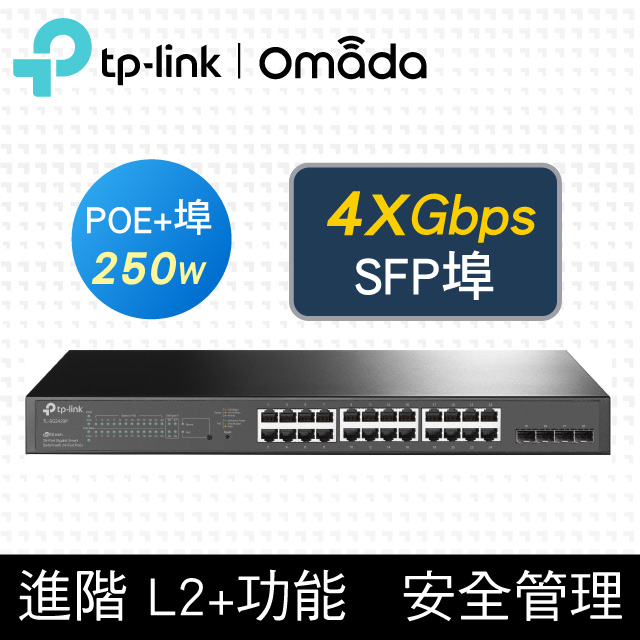 TP-Link TL-SG2428P 28埠 Gigabit RJ45 SFP 光纖埠 L2/L2+ 智慧型PoE switch交換器(250W)