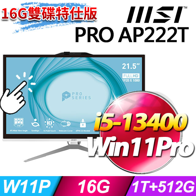 MSI PRO AP222T 13M-209TW(i5-13400/16G/1T+512G SSD/W11P/有觸控/白)