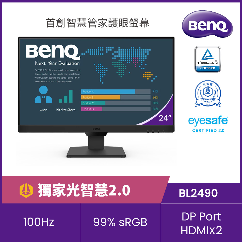 BENQ BL2490 光智慧護眼螢幕(24型/FHD/HDMI/DP/IPS)