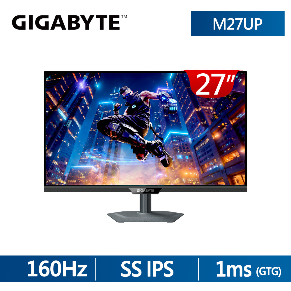 GIGABYTE技嘉 M27UP 是一款27吋電競螢幕，採用SS IPS面板，支援4K UHD解析度，擁有160Hz更新頻率與1ms GTG反應時間，提供流暢遊戲體驗。內建喇叭、VESA壁掛孔、G-Sync相容技術，並具備抗藍光與零閃屏功能，適合電競玩家與高畫質影音愛好者。