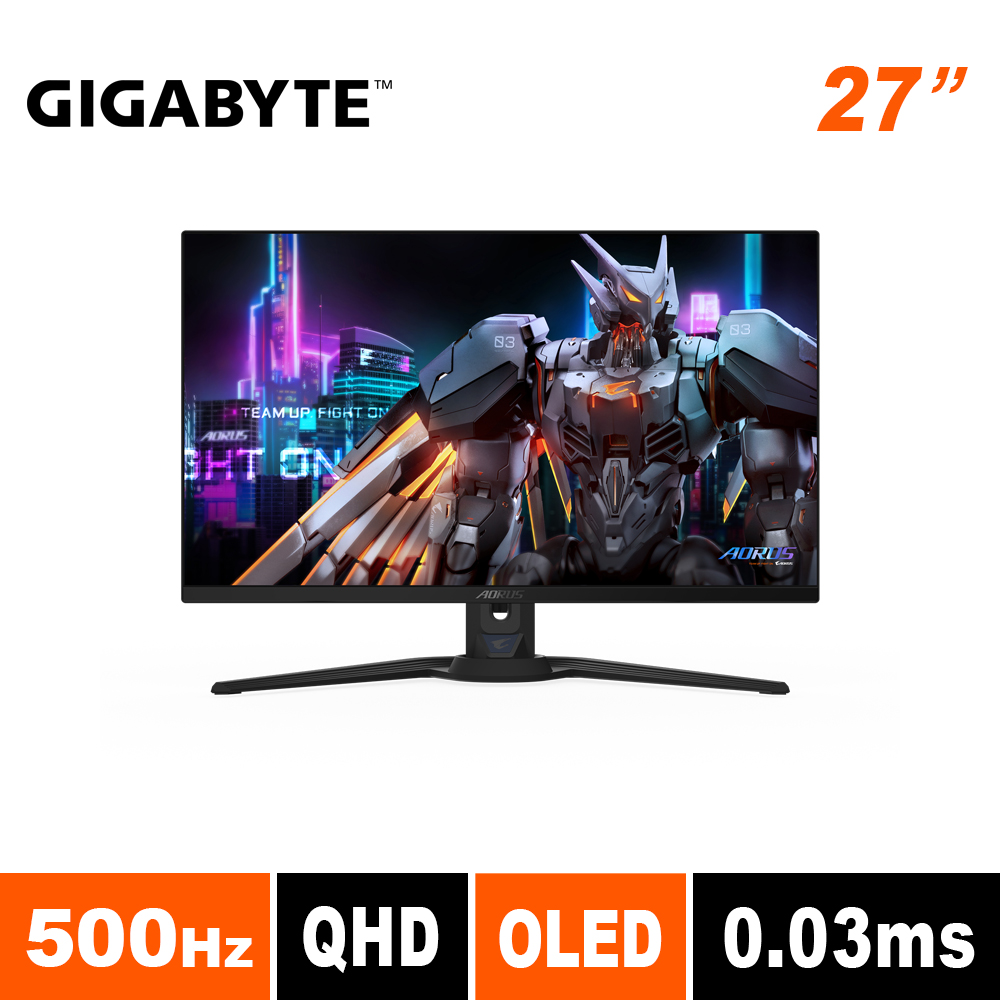 GIGABYTE技嘉 AORUS FO27Q5P 是一款27吋OLED電競螢幕，提供2560 x 1440(QHD)解析度與500Hz高更新頻率，確保流暢遊戲體驗。支援G-Sync技術，減少畫面撕裂與卡頓。螢幕亮度達300 cd/m2，對比度6000:1，並具備178°水平與垂直可視角度，呈現廣角視野。內建喇叭，支援多種訊號輸入介面，包括HDMI、DisplayPort、USB、Mini-DisplayPort與Type-C。重量輕巧僅7.2kg，外觀尺寸為610.3 x 532.5 x 158.6 mm，並具備VESA壁掛功能。適合電競玩家與追求高畫質顯示的使用者。