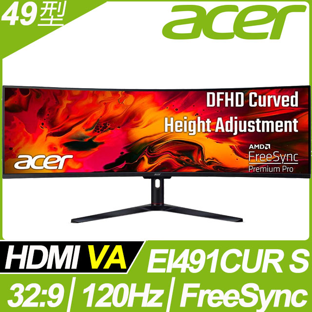 ACER 宏碁 EI491CUR S HDR400曲面電競螢幕(49型/5120*1440/32:9/120Hz/4ms/VA)