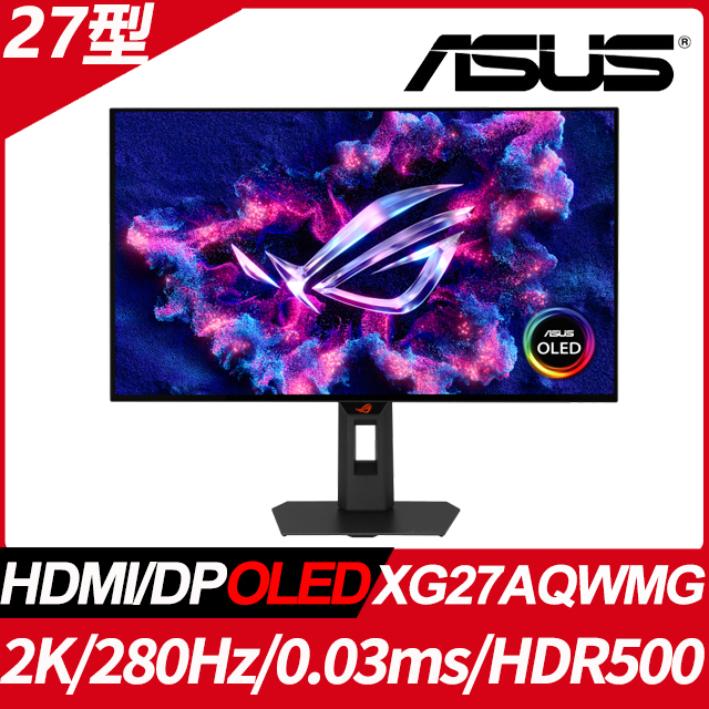 ASUS華碩 XG27AQWMG 是一款27型OLED螢幕，解析度為2560*1440(2K)，支援Display-port與HDMI接孔，並提供USB3.0連線功能。螢幕比例為16:9，無觸控螢幕設計，提供3年保固期。
