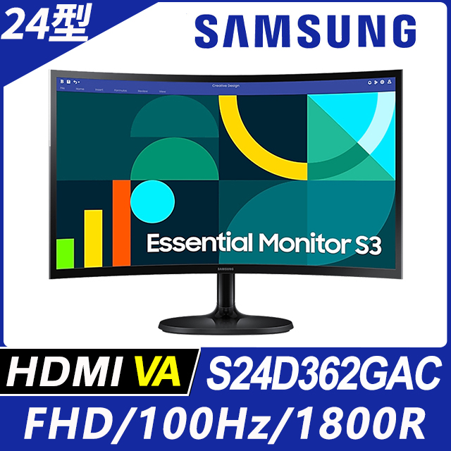 SAMSUNG S24D362GAC 曲面美型螢幕(24型/FHD/1800R/HDMI/VA)
