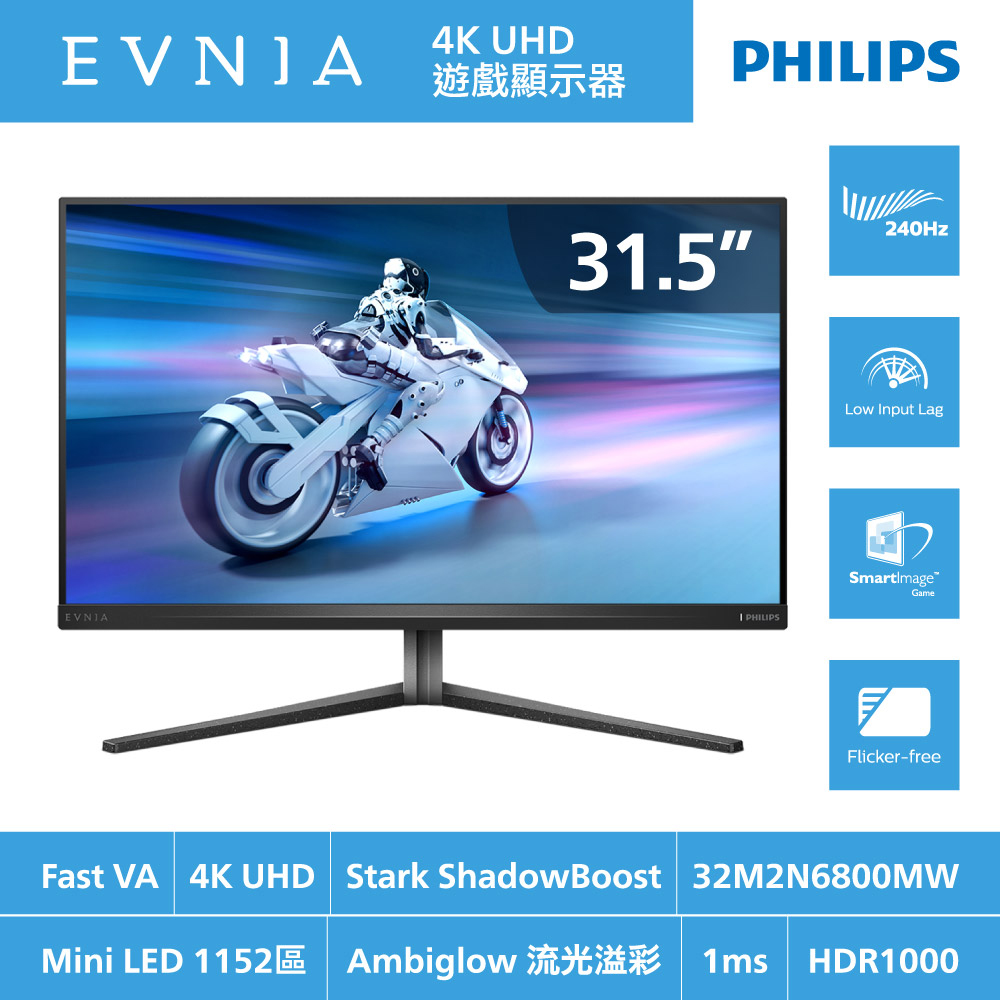PHILIPS 飛利浦 32M2N6800MW 電競螢幕(32型/UHD/240HzVA/可升降旋轉/Mini-LED)