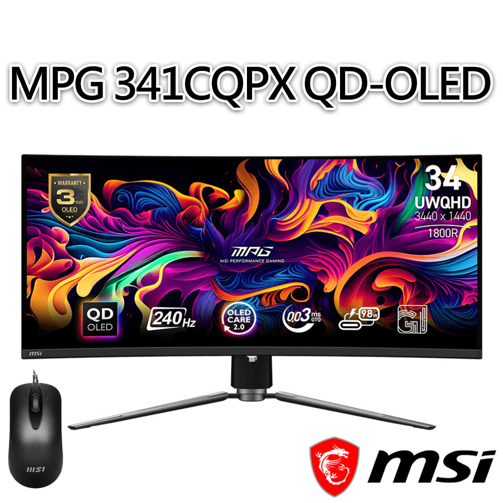 【滑鼠組】msi微星 MPG 341CQPX QD-OLED 34.18吋 曲面電競螢幕(34.18/3440x1440/21:9/240Hz)