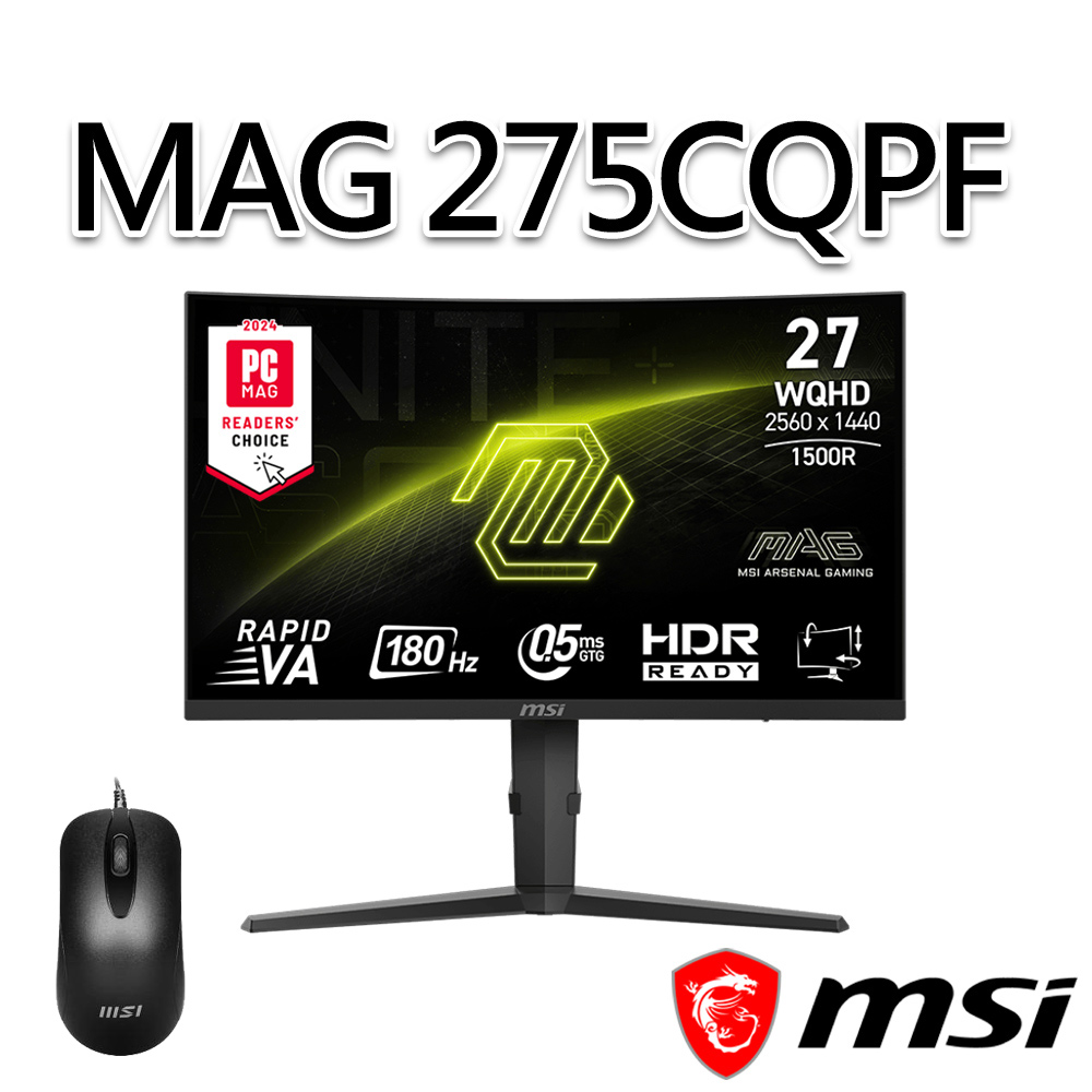 【滑鼠組】msi微星 MAG 275CQPF 27吋 曲面電競螢幕 (27"/2560x1440/16:9/180Hz/曲面)