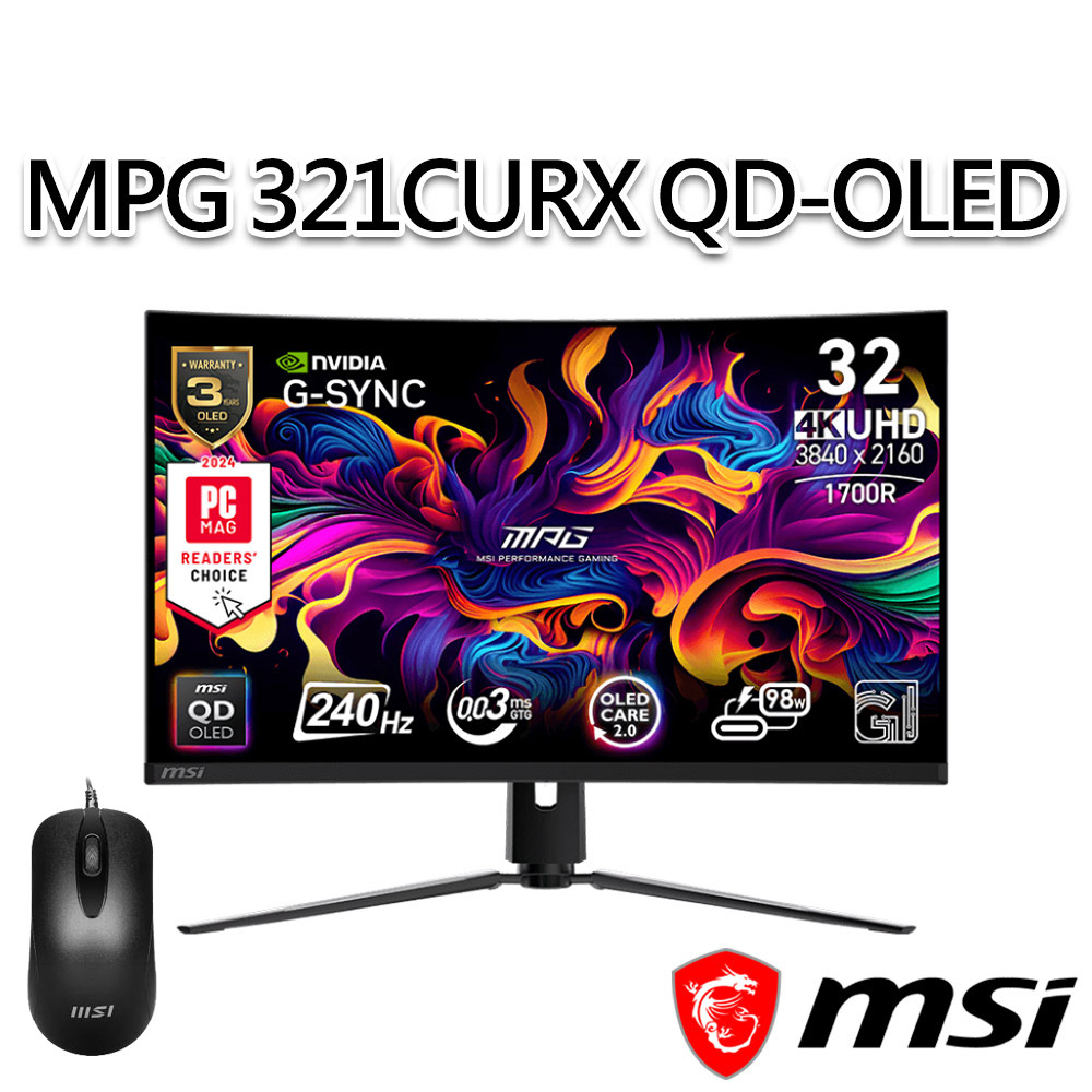 【滑鼠組】msi微星 MPG 321CURX QD-OLED 31.5吋 曲面電競螢幕 (31.5"/3840x2160/16:9/240Hz/曲面)