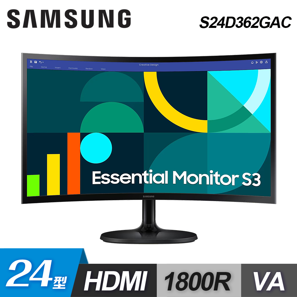 【SAMSUNG 三星】24型 S24D362GAC S3 VA 曲面顯示器