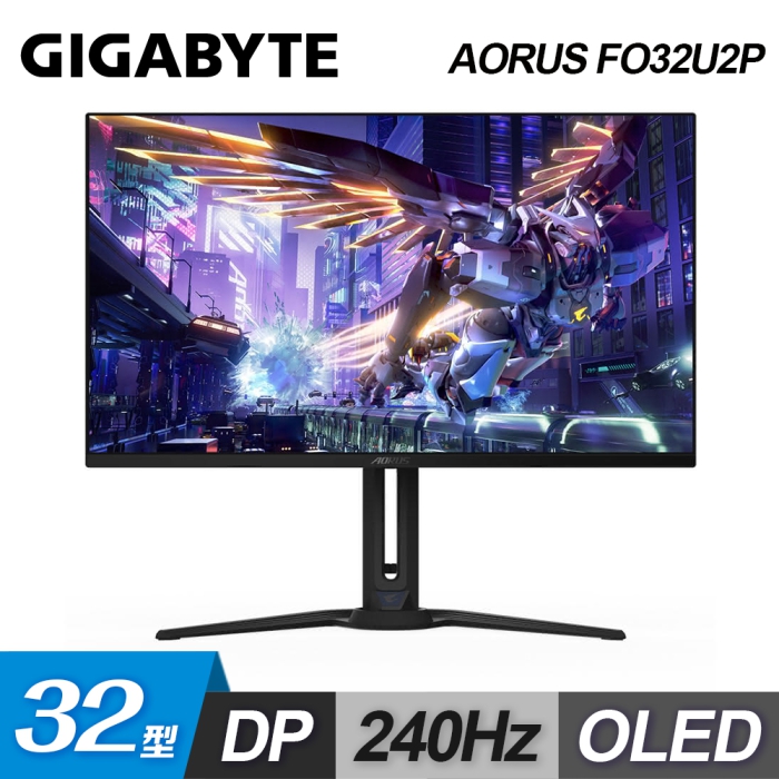  技嘉 AORUS FO32U2P 採用 31.5 吋 OLED 面板，提供 3840x2160 UHD 4K 解析度與 0.03ms GTG 超快反應時間，240Hz 更新頻率完美適合電競玩家。支援 99% DCI-P3 廣色域、1000nits HDR 峰值亮度及 FreeSync 同步技術，窄邊框超薄設計，內建喇叭與多介面（HDMI、DP、Type-C、USB），VESA 壁掛相容。無論追劇、辦公、設計或電競，都是 CP 值高的首選，三年保固安心使用。 