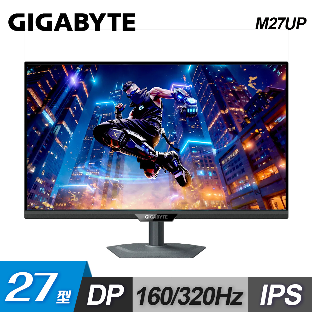 GIGABYTE技嘉 M27UP 是一款27吋電競螢幕，採用SS IPS面板，支援4K UHD解析度，擁有160Hz更新頻率與1ms GTG反應時間，提供流暢遊戲體驗。內建喇叭、VESA壁掛孔、G-Sync相容技術，並具備抗藍光與零閃屏功能，適合電競玩家與高畫質影音愛好者。