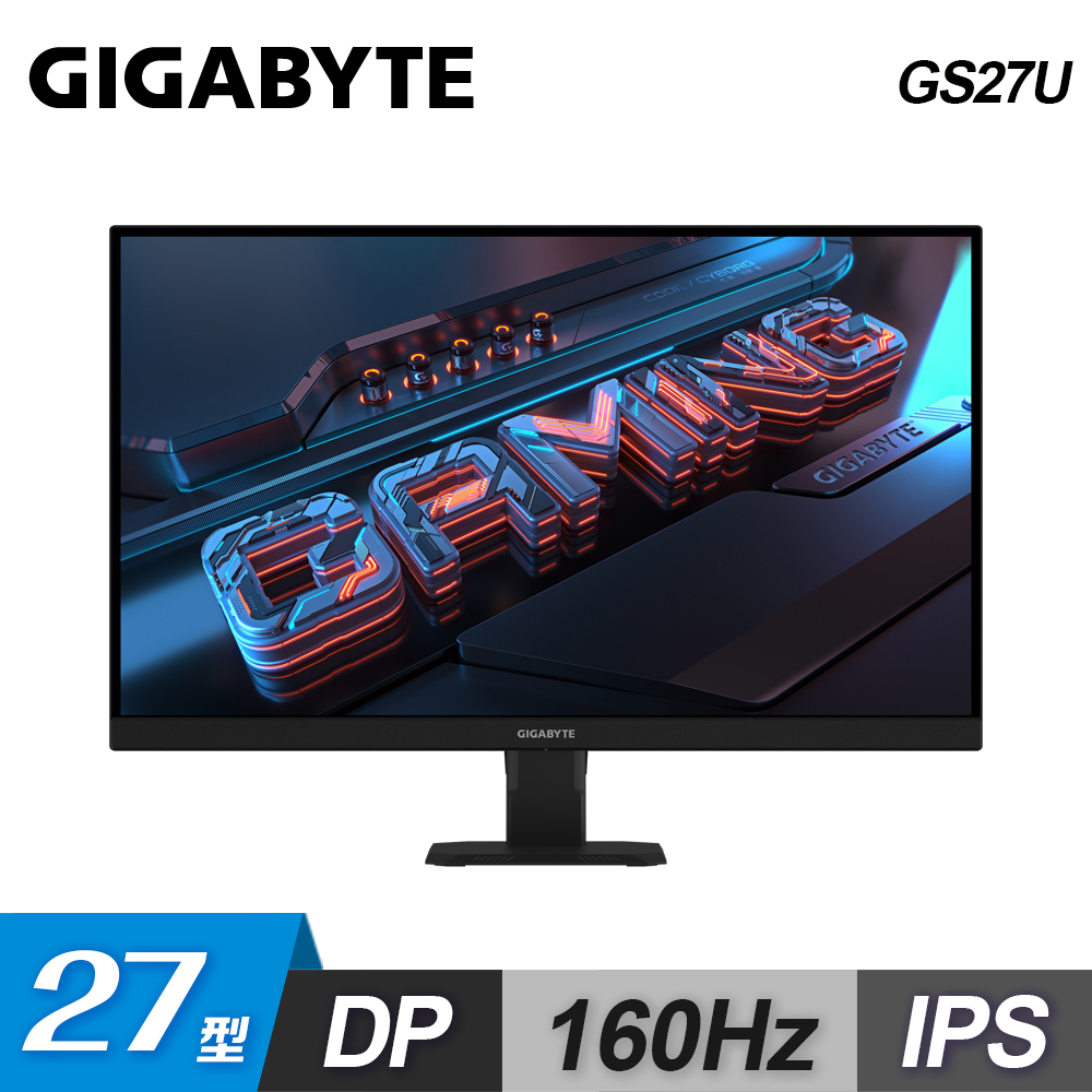  GIGABYTE 技嘉 GS27U 27吋 4K UHD 電競顯示器，採用 IPS 面板提供 178° 廣視角與 350 cd/m² 亮度，最高解析度 3840x2160，160Hz 更新頻率與 1ms MPRT 反應時間，支援 Adaptive-Sync 零閃屏技術，帶來流暢無撕裂遊戲體驗。1000:1 對比、HDMI/DP 輸入介面，VESA 壁掛設計，適合電競玩家必備，三年保固，BSMI 認證 D33006。 