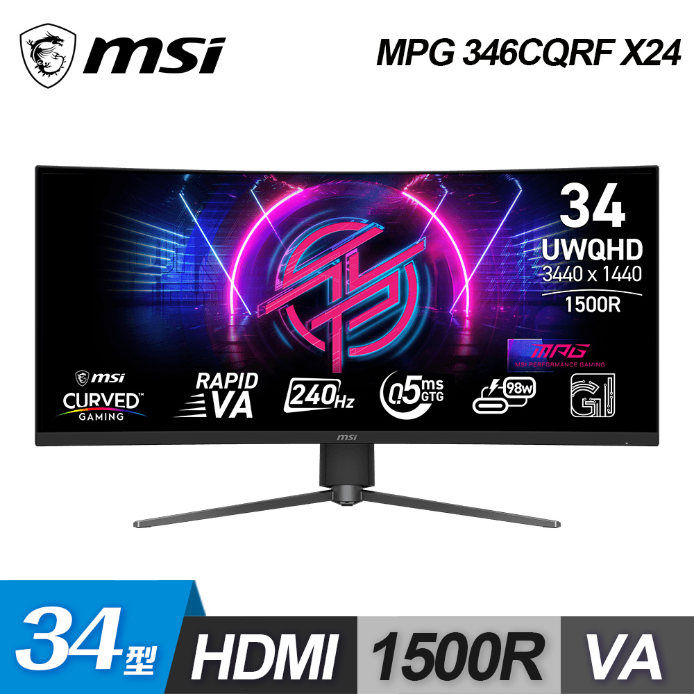 MSI微星 346CQRF 是一款21:9比例的VA面板螢幕，尺寸大於33吋，解析度達3440*1440，螢幕曲率1500R，支援HDR400，提供240Hz高更新率，適合遊戲與高畫質影音使用。