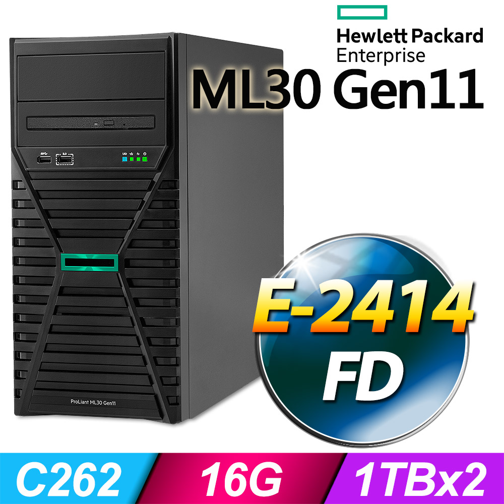 (商用)HPE ML30 Gen11 伺服器(E-2414/16G/2T/FD)