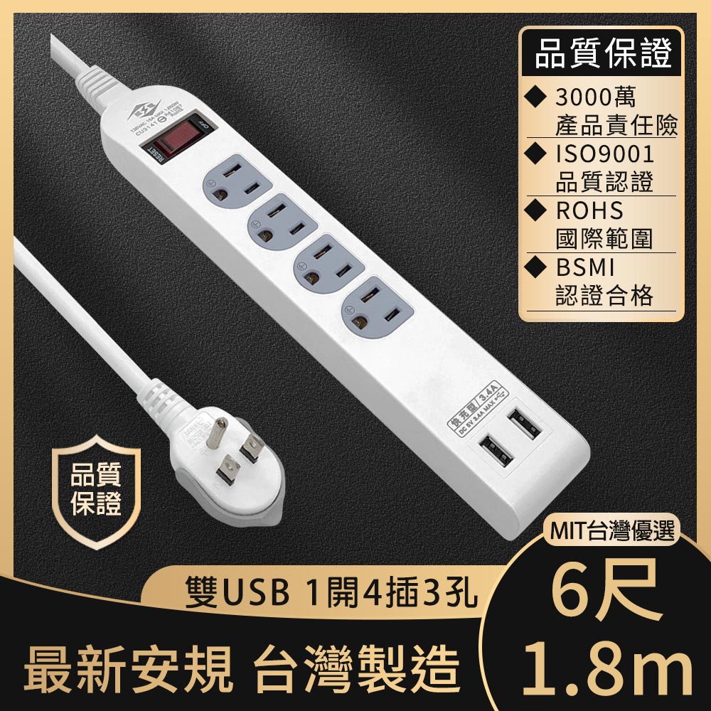 MIT台灣優選 多功能3.4A雙USB快充1開4插3孔電源延長線6尺/1.8m