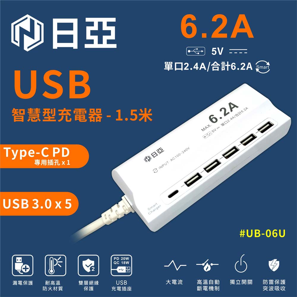【日亞】UB-06U智慧型5 USB+Type-C充電器6.2A延長線1.5m(iPhone適用 可同時充電 通電指示燈)