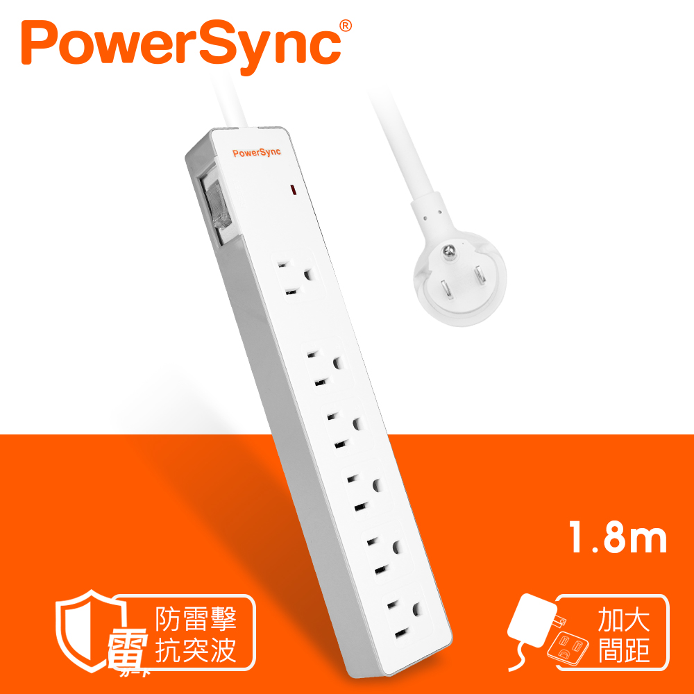 群加 PowerSync 防雷擊一開六插雙色延長線/1.8m(TPS316GN9018)
