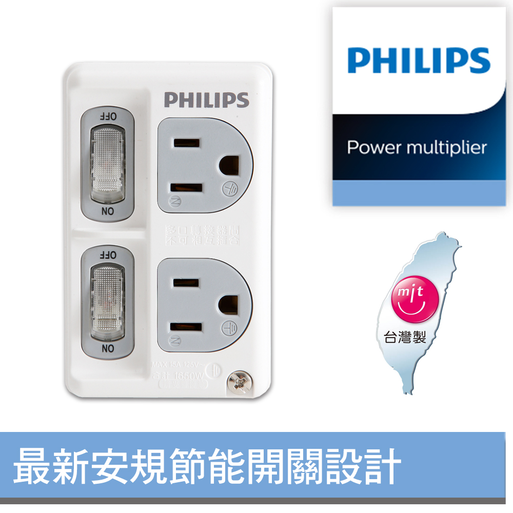 【PHILIPS 飛利浦】新安規 節能開關 2開2電腦壁插 白色