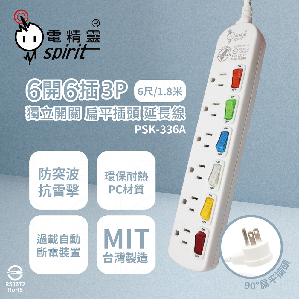 【電精靈spirit】臺灣製 PSK-336A 6尺 1.8米 6開6插3P 扁平插頭 插座 電腦延長線