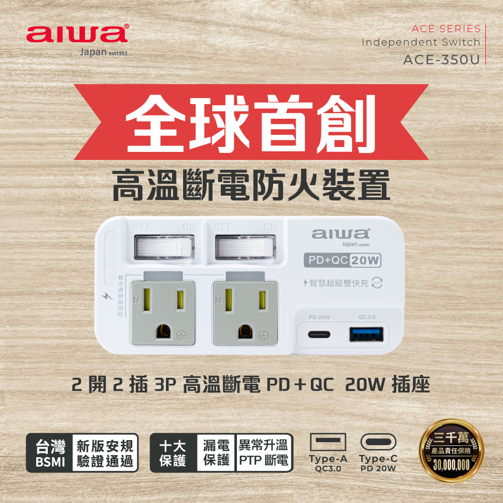 aiwa愛華 2開2插3P高溫斷電PD＋QC 20W插座 ACE-350U