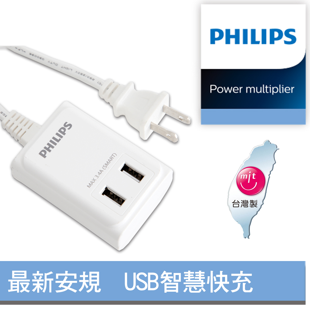 【PHILIPS 飛利浦】新安規 過載防護型 USB智慧快充電源線 SPB1402WA/96 白色