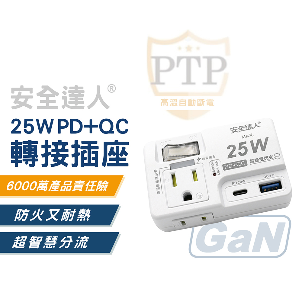 安全達人 1開2插3P+2P PD 25W USB插座