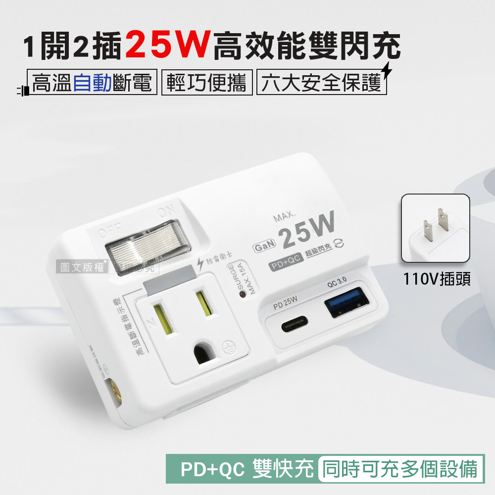 1開2插 氮化鎵PD25W+QC3.0 高效能雙閃充 TYPE-C QC USB壁插插座/擴充座/轉接插頭 110V專用