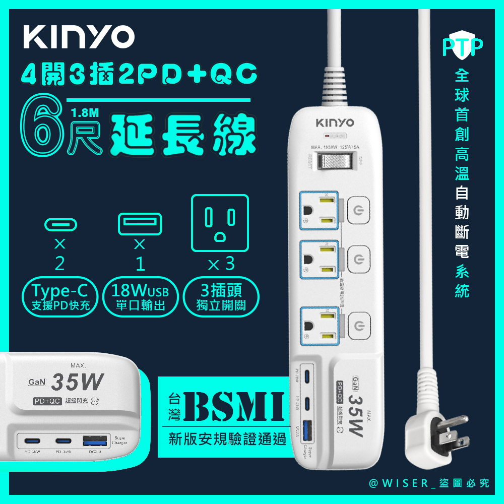 【KINYO】35W氮化鎵3U電源分接器4開3插6尺電源線1.8M延長線(GIPD-353436)智慧快充2PD+QC3.0