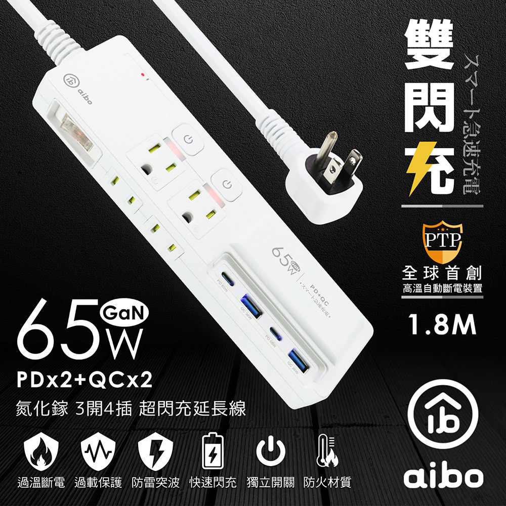 aibo GaN氮化鎵 3開4插 高溫斷電智慧 PD65W超閃充USB延長線(1.8米)