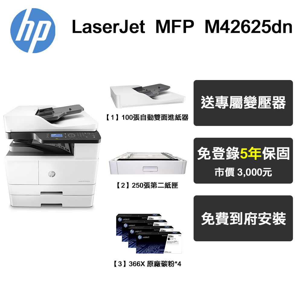 HP M42625dn A3 黑白雷射 多功能印表機+連續送稿器ADF+第二紙匣+四支碳粉+鐵櫃組合（五年保固）