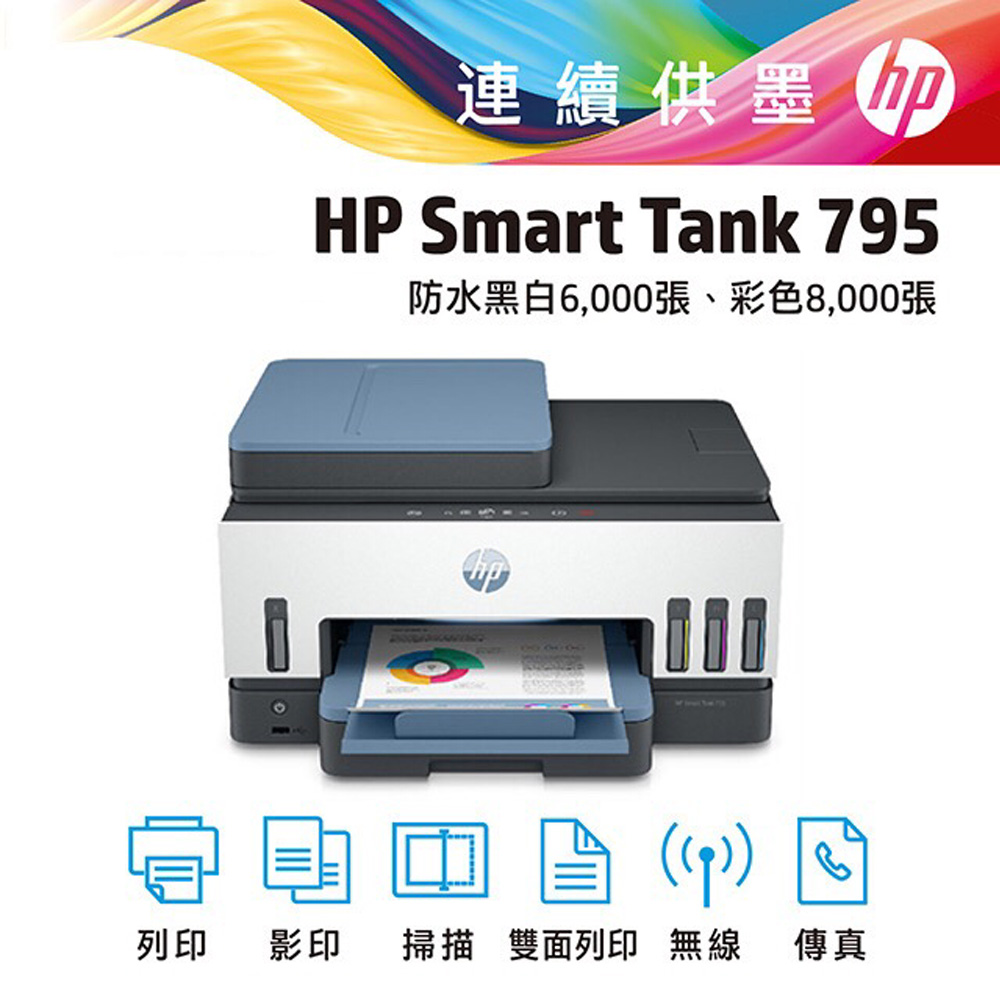 【福利品】HP Smart Tank 795 四合一多功能 自動雙面無線連供印表機