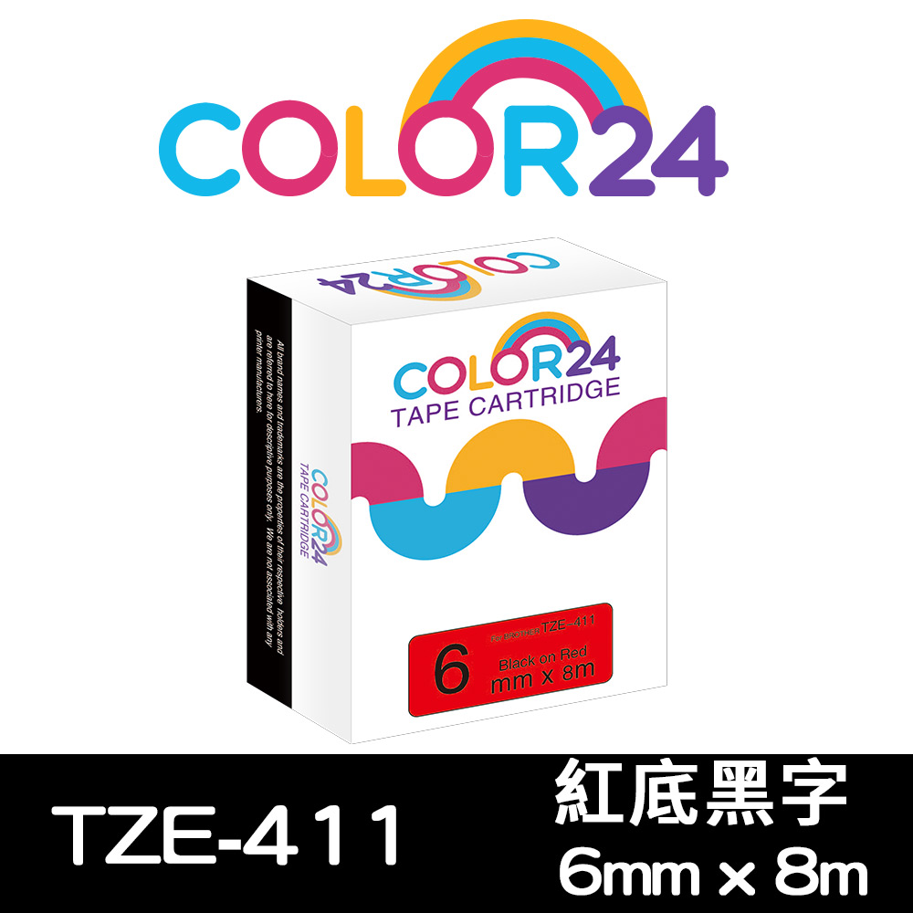 【Color24】for Brother TZ-411/TZe-411 紅底黑字相容標籤帶(寬度6mm) /適用PT-300/PT-1100