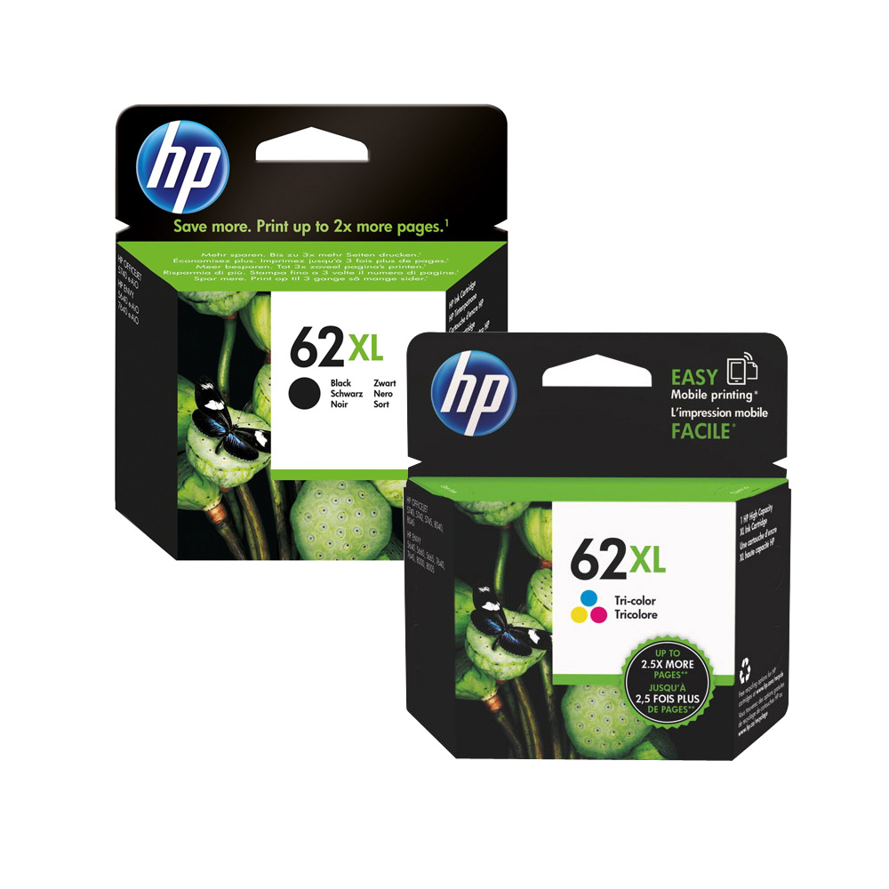 【1黑1彩組】HP 62XL(C2P05AA) 黑色 原廠高容量墨水匣+HP 62XL(C2P07AA) 原廠三色高容量墨水匣