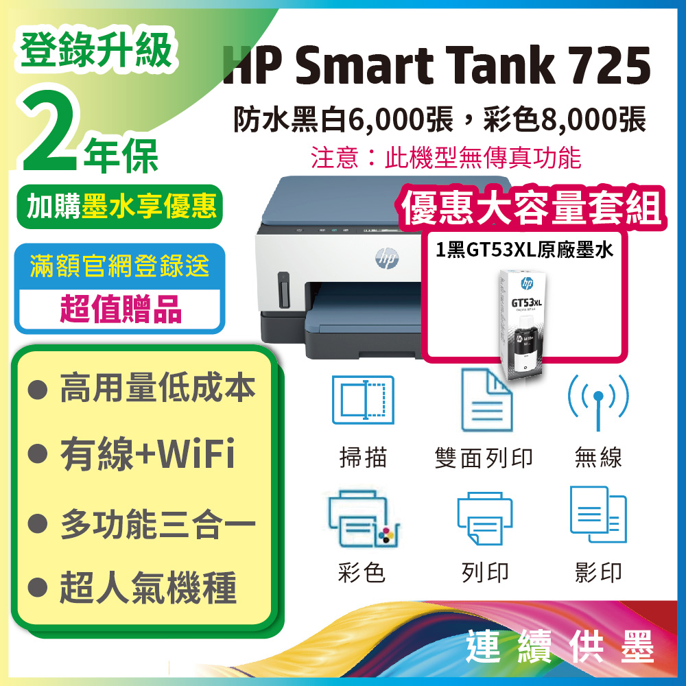 HP Smart Tank 725 相片彩色無線連續供墨多功能印表機+搭1大容量黑墨GT53XL