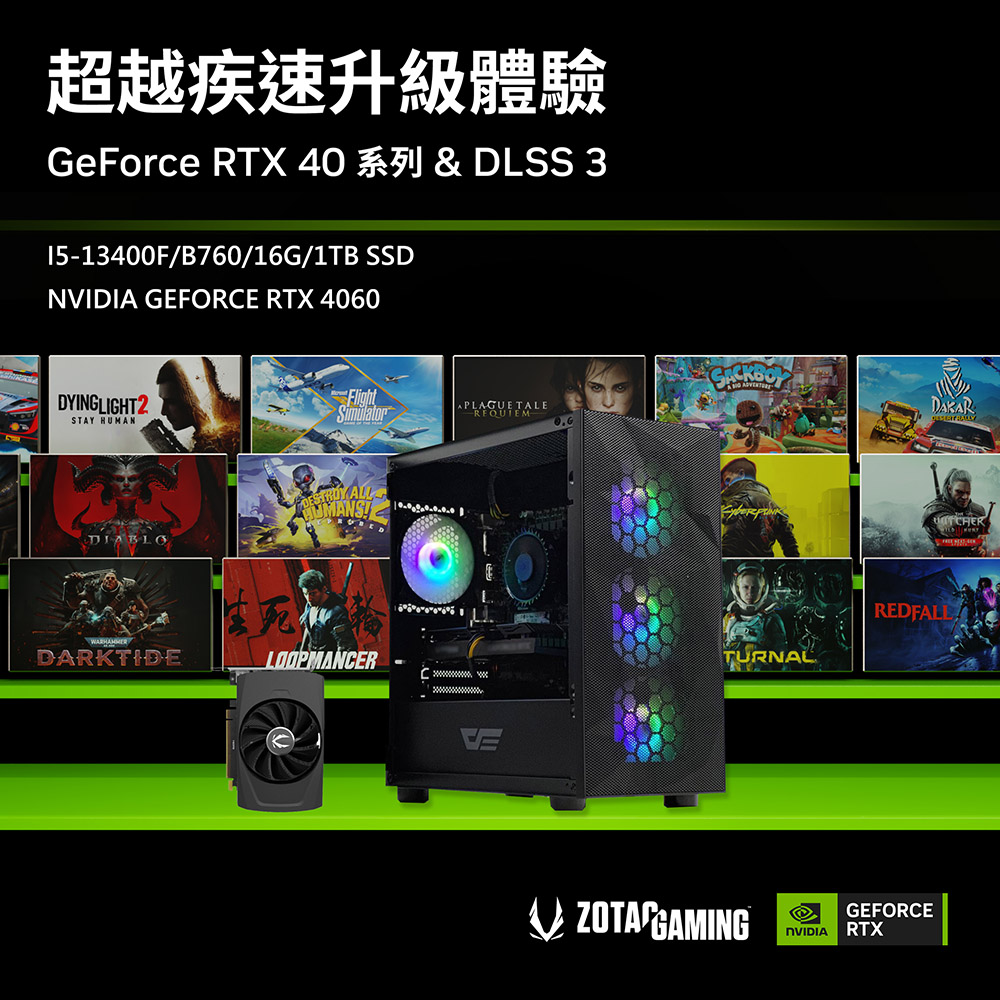 (DIY)索泰顯卡【六通四闢】GeForce RTX4060獨顯電玩機(I5-13400F/技嘉B760/16G/1TB_M.2)