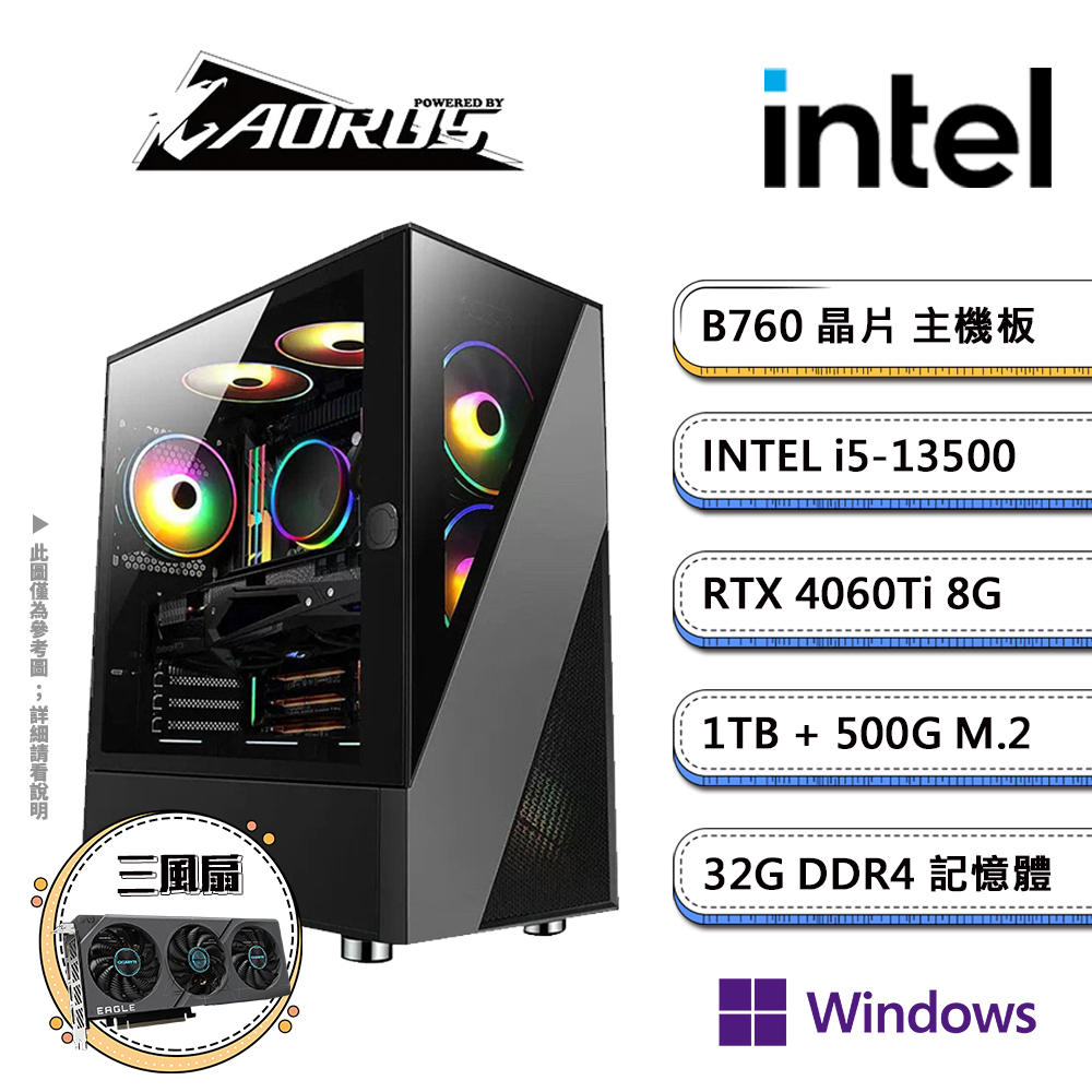 技嘉B760平台【AI-GX11W】i5十四核RTX4060Ti獨顯Win11pro電競機(i5-13500/B760/32G/1TB/500G SSD)