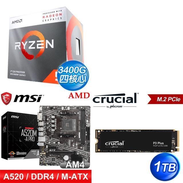 〈鈔省價〉 AMD R5 3400G+微星 A520M-A PRO M-ATX主機板+美光 P3 Plus 1TB M.2 SSD