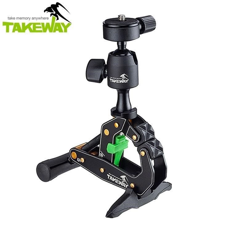 台灣製TAKEWAY鉗式腳架T1鉗腳架(含相機夾/手機夾/萬向球型雲台)360度卡鉗腳架