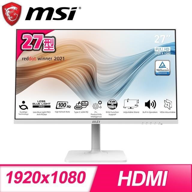 MSI 微星 Modern MD272XPW 27型 IPS 100Hz 內建喇叭螢幕《白》