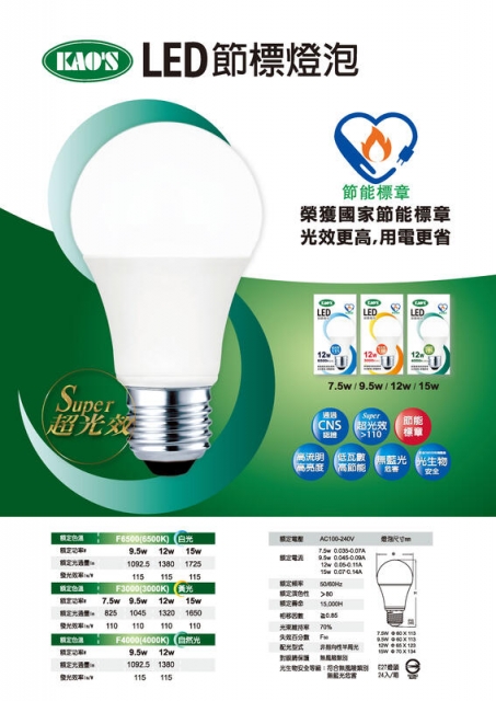 【燈泡 LED KAO'S 節能標章 】超省電9.5W LED燈泡 全電壓 E27