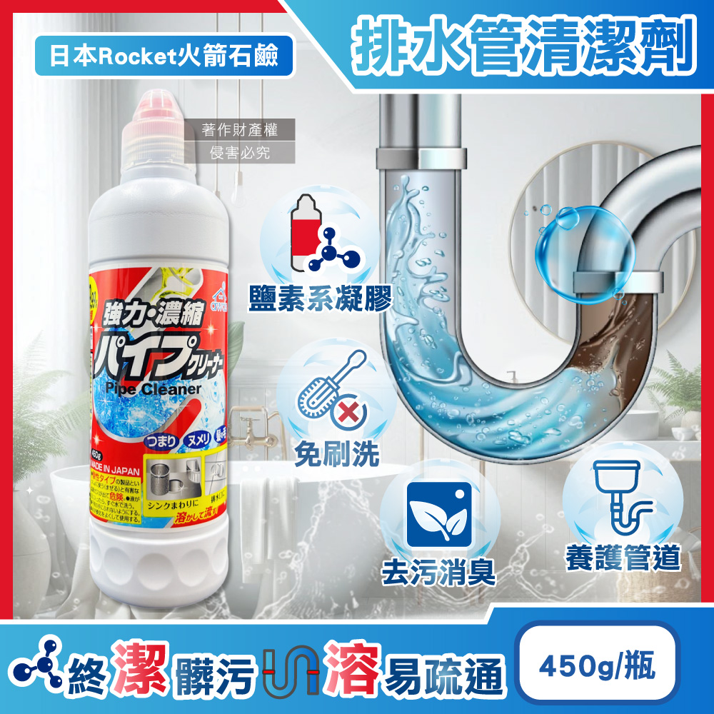 日本Rocket火箭石鹼-排水管去油汙濃縮凝膠清潔劑450g/瓶