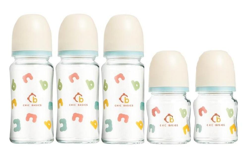 奇哥-【寬口徑】CHIC BASICS耐熱硼矽玻璃奶瓶 240ml*3+120ml*2
