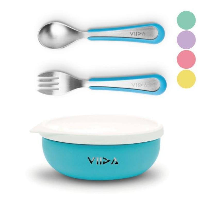 【麗兒採家】VIIDA Souffl 抗菌不鏽鋼餐碗+大童叉匙組(5色可選)
